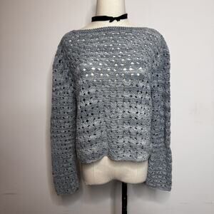 Vintage 90s Iconic Blue Crochet Sweater Boxy Boat Neck Soft Girl Grunge M